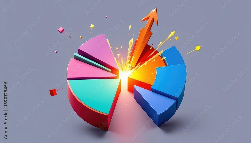 Obraz premium Dynamic pie chart showing explosive market growth, significant share, diagram, graph