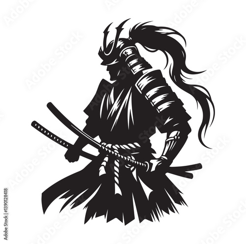 Samurai Silhouette vector isolated on white background stock illustration.