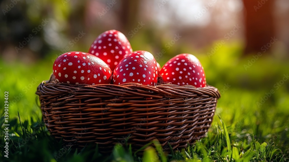 Decorative red eggs with white dots inside a woven basket Decorative red eggs with white dots inside a woven basket