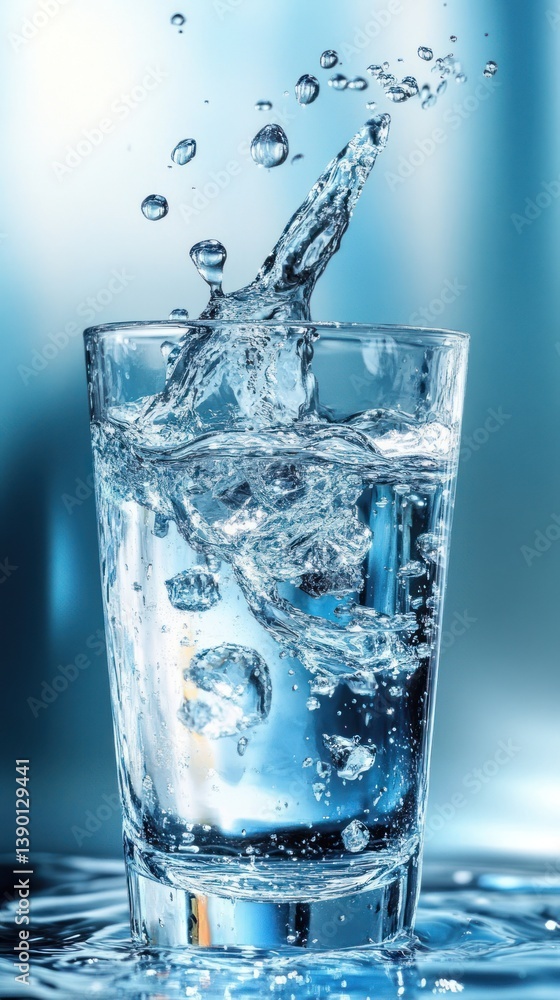 A glass of water is splashed creating bubbles and waves