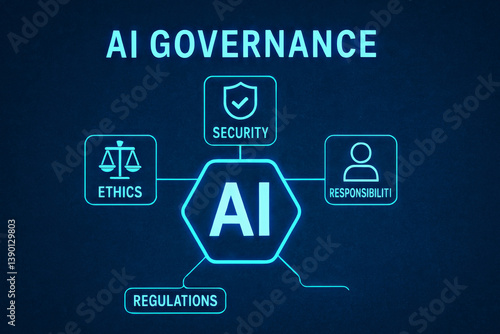 Artificial intelligence governance diagram showing ethics, security, responsibility and regulations. AI governance concept, responsibility in AI governance, trust and ethics in AI governance
