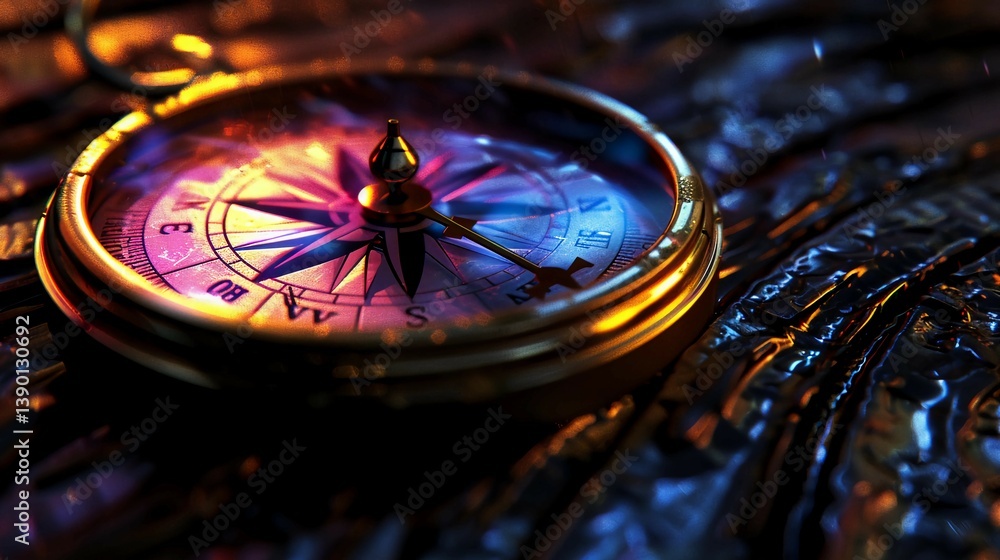 Glowing compass needle pointing towards Earth's magnetic north pole with metallic textures and aurora reflections. Navigation, direction finding, and global positioning concepts. Glowing compass needle pointing towards Earth's magnetic north pole with metallic textures and aurora reflections. Navigation, direction finding, and global positioning concepts.