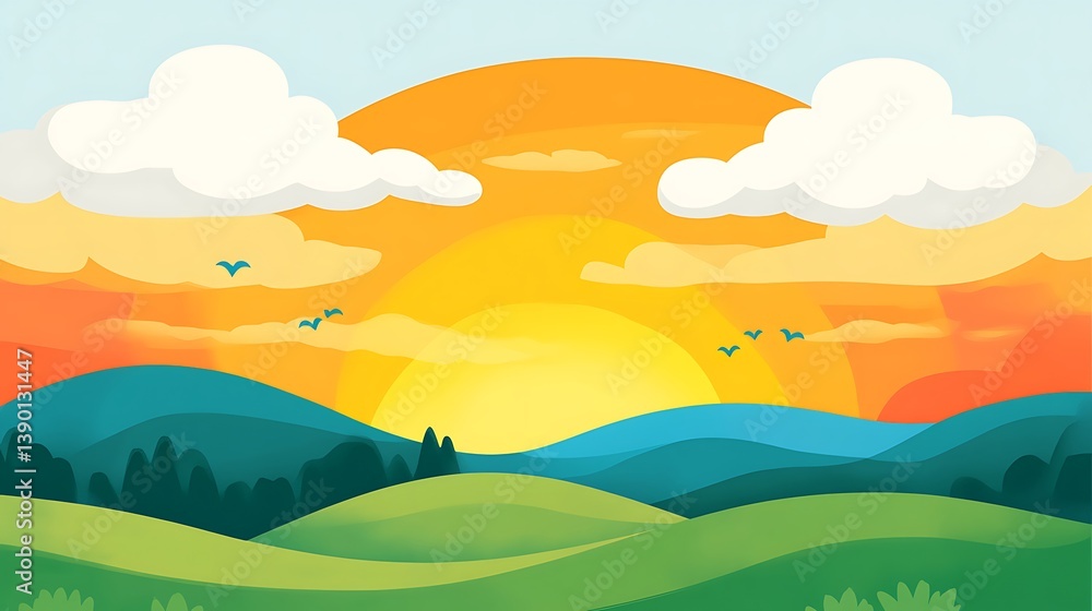 Vibrant sunset over rolling hills and green fields. Vibrant sunset over rolling hills and green fields.