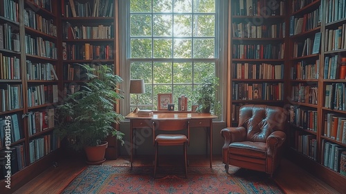 Sunlit library with bookshelves  leather chair  desk  and plants.