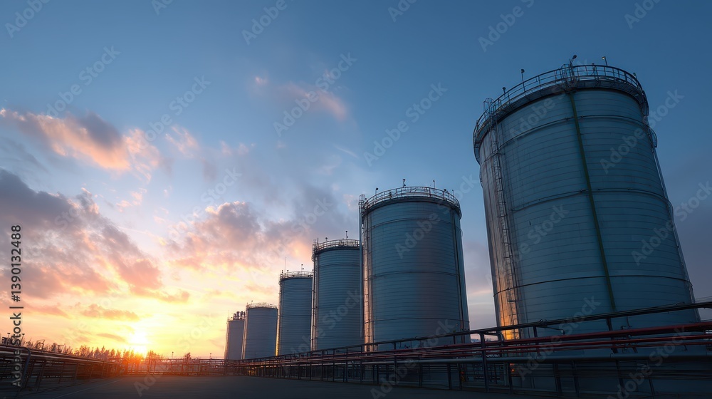 Large fuel storage tanks stand in a row at a processing facility, illuminated by the warm colors of a sunset. A network of pipes stretches across the foreground Large fuel storage tanks stand in a row at a processing facility, illuminated by the warm colors of a sunset. A network of pipes stretches across the foreground