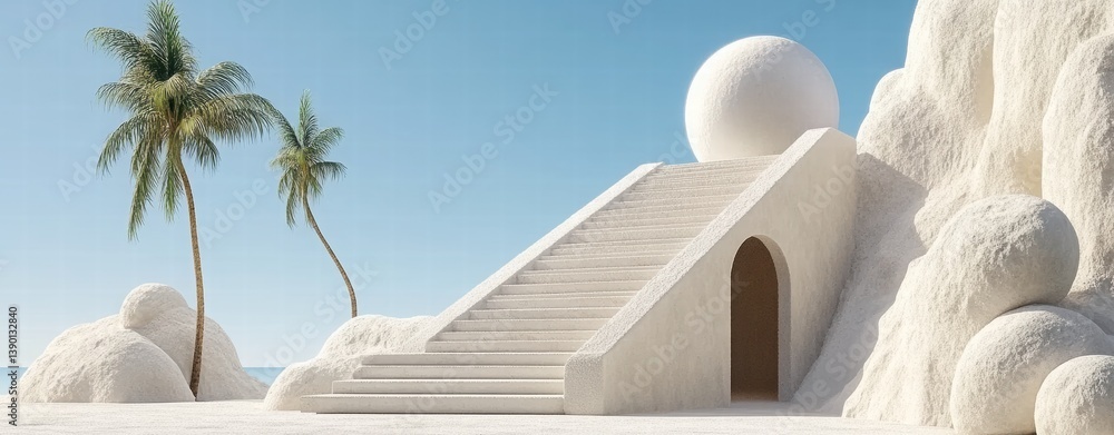 Serene Tropical Landscape with Sculptural Stairs and Palm Trees
