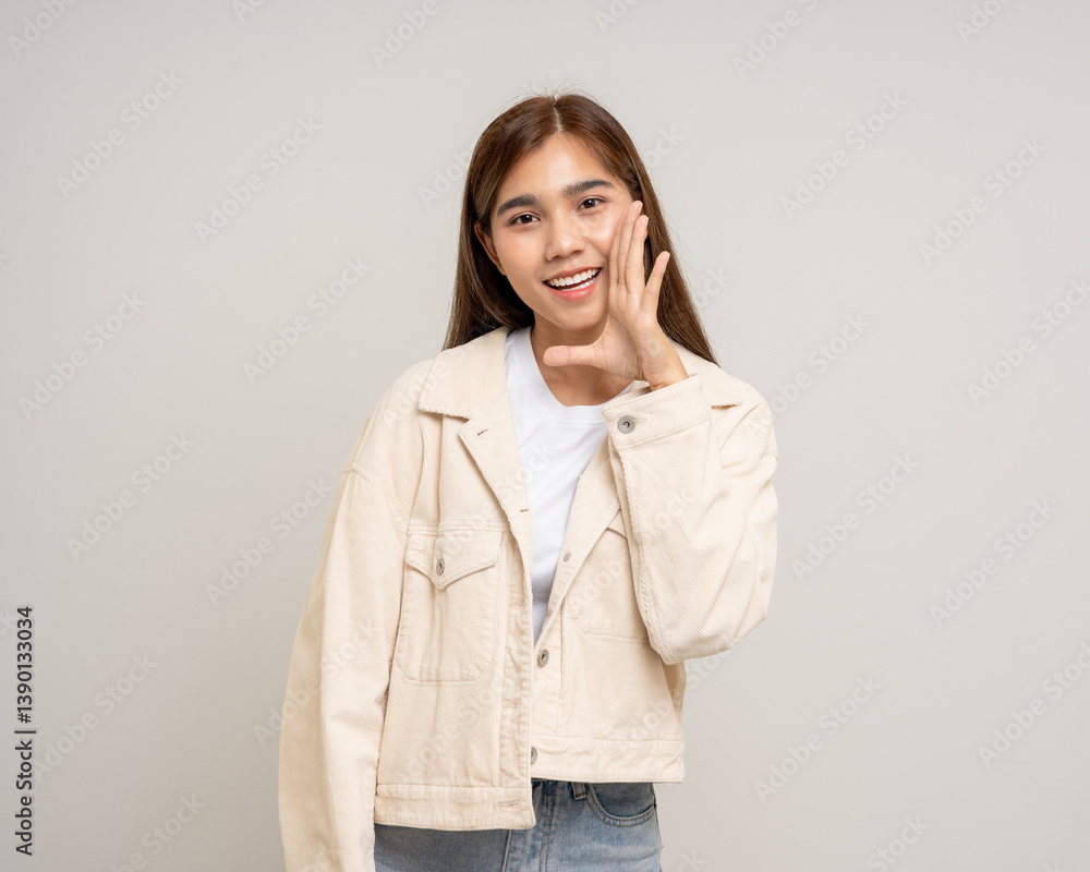 Happy beautiful young asian woman whispering some secret gossip. Excited pretty latin girl index finger on mouth standing pose on isolated white background. Happy beautiful young asian woman whispering some secret gossip. Excited pretty latin girl index finger on mouth standing pose on isolated white background.