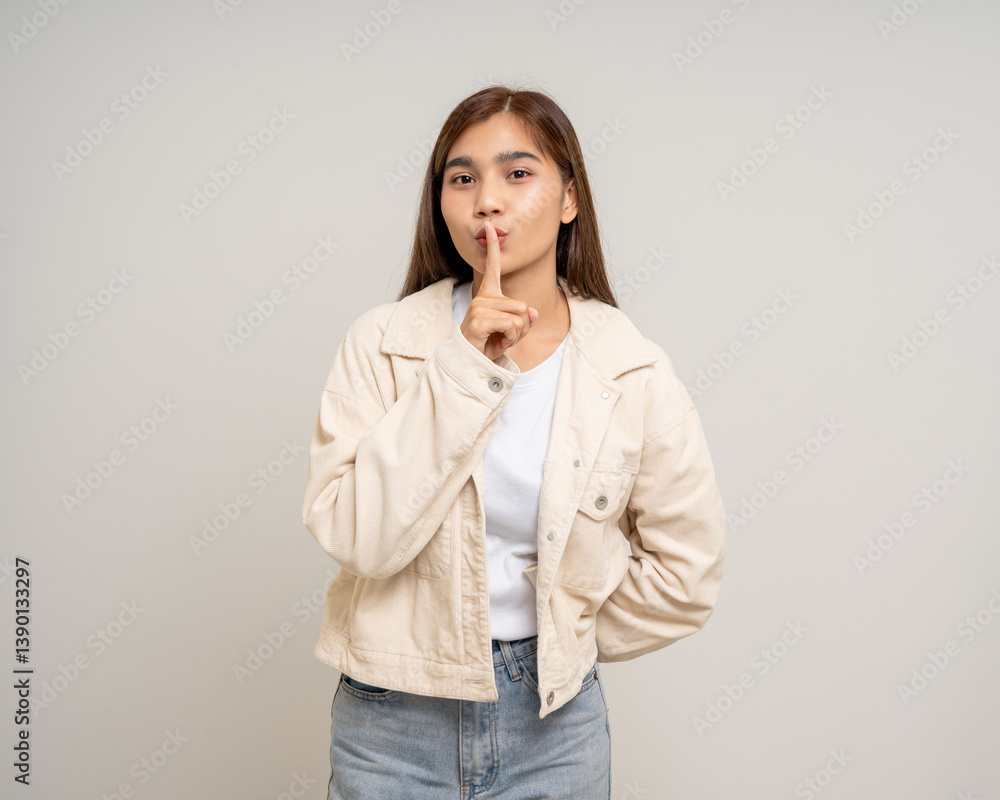 Happy beautiful young asian woman whispering some secret gossip. Excited pretty latin girl index finger on mouth standing pose on isolated white background. Happy beautiful young asian woman whispering some secret gossip. Excited pretty latin girl index finger on mouth standing pose on isolated white background.