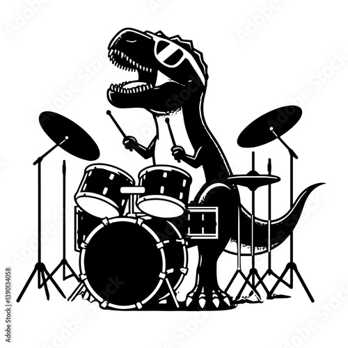 Dinosaur playing drums with sunglasses in a fun musical setting  