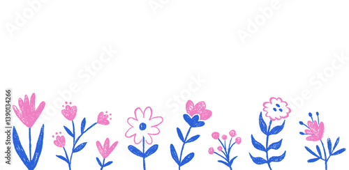 Botanical floral textured background with copy space. Wallpaper with chalk flowers. Child color crayon chalk botanical plant.