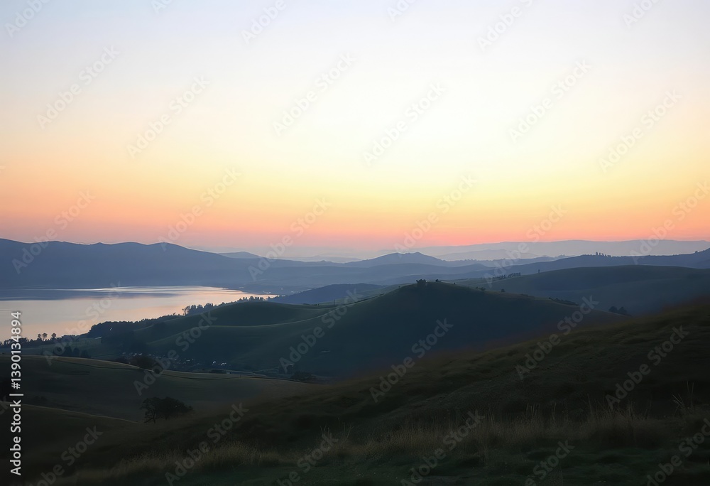 Fototapeta premium Soft pastel hues paint a tranquil sunrise over rolling hills and a calm lake, landscape, outdoor
