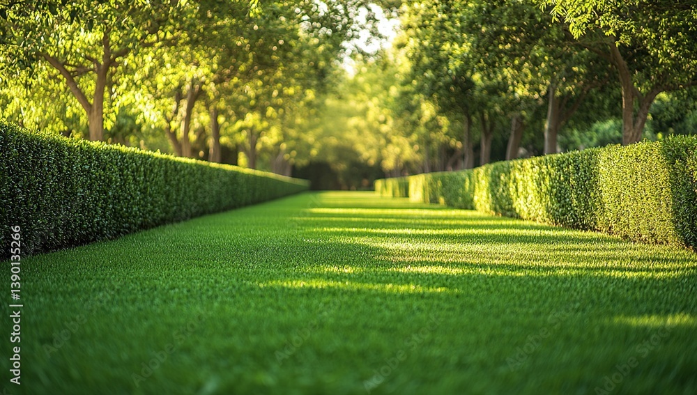 Obraz premium Serene Garden Path: Lush Green Grass,Neat Hedges,Sunlight Dappled Trees,Tranquil Landscape, Peaceful Nature Escape