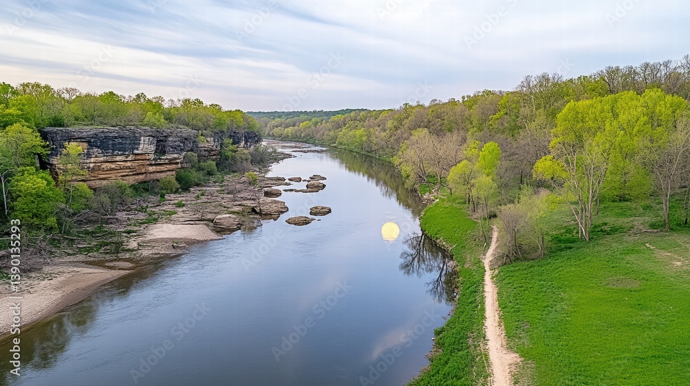 Serene River Landscape with Lush Green Trees and Soft Reflection