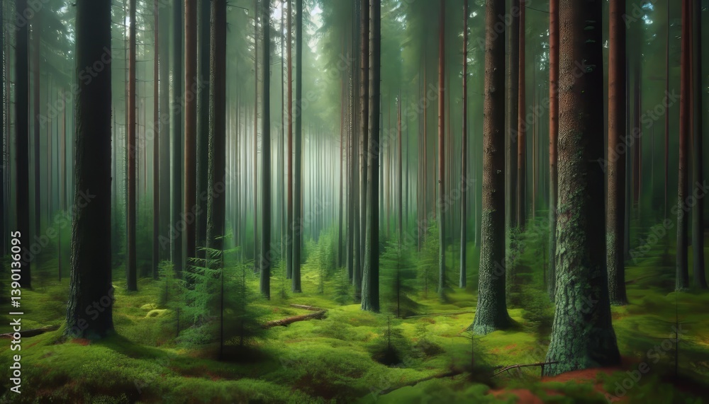 Naklejka premium Pine Forest A thick forest of towering pine trees with a carpet