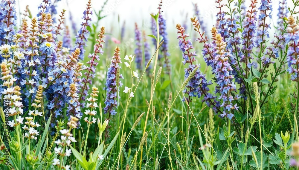 Fototapeta premium Summer watercolor rectangle frame; delicate thyme, pale blue-purple flowers, deep green vines, leaves in meadow, illustration, texture