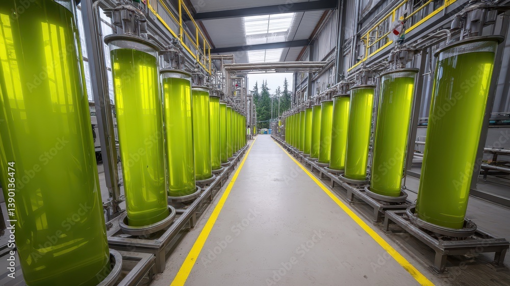 Fototapeta premium Rows of large transparent bioreactors filled with vibrant green algae indicate active biofuel processing. This facility focuses on harnessing renewable energy from algae cultivation