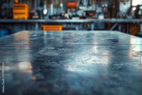 Wallpaper Mural metal blank tabletop with blurred automotive tools and parts in the background suitable for promoting automotive products Torontodigital.ca