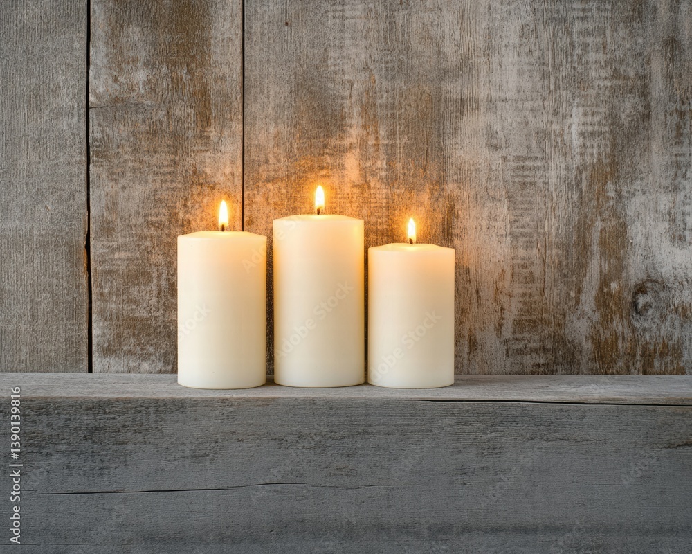 Elegant White Candles on Rustic Wooden Background with Soft Glow