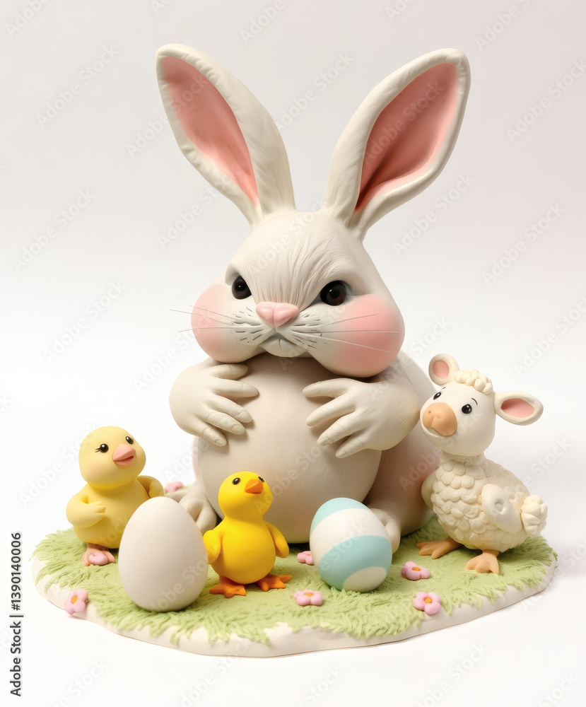 Obraz premium Bunny, chicks, and a sheep celebrating the joy of spring in a vibrant, playful garden setting at Easter time