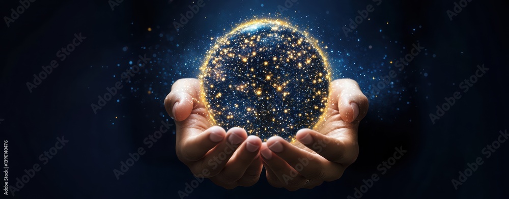 Hands Holding a Glowing Sphere of Light and Stars Against Darkness