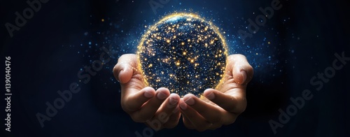 Obraz na płótnie Hands Holding a Glowing Sphere of Light and Stars Against Darkness w salonie