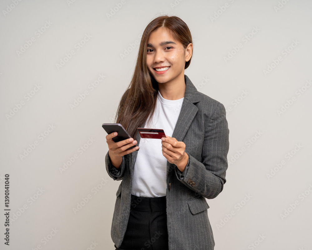 Portrait beautiful asian women standing pose holding credit card and smartphone to shopping payment. Attractive Happy businesswoman input the serial number of credit card cell phone financial Portrait beautiful asian women standing pose holding credit card and smartphone to shopping payment. Attractive Happy businesswoman input the serial number of credit card cell phone financial
