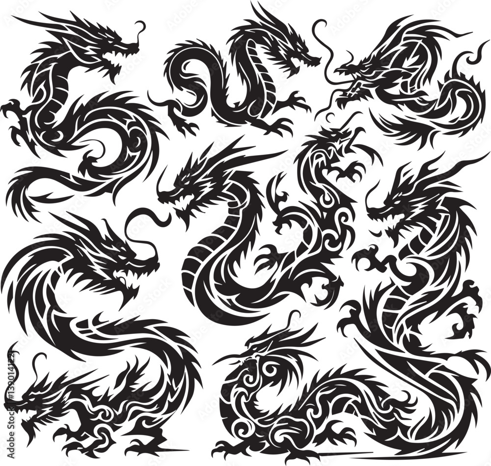 Tribal Dragon Tattoo Vector Illustration – Black Stylized Mythical Beast Design
Tribal Dragon Tattoo Vector Illustration – Black Stylized Mythical Beast Design