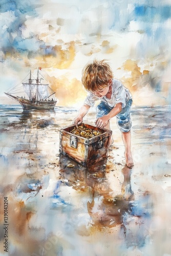 A Young Boy Discovers a Treasure Chest on a Beach Near an Old Sailing Ship at Sunset