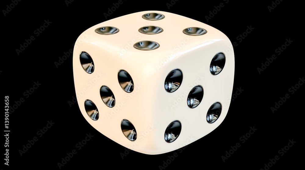 Fototapeta premium Large white dice with black dots isolated on a solid black background, close-up view
