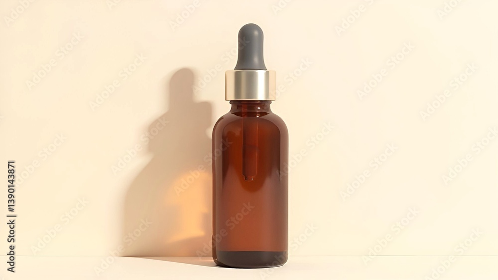 Serum bottle mock up with a dropper cap, dark brown glass. Light background. Skincare and hydration concept Serum bottle mock up with a dropper cap, dark brown glass. Light background. Skincare and hydration concept
