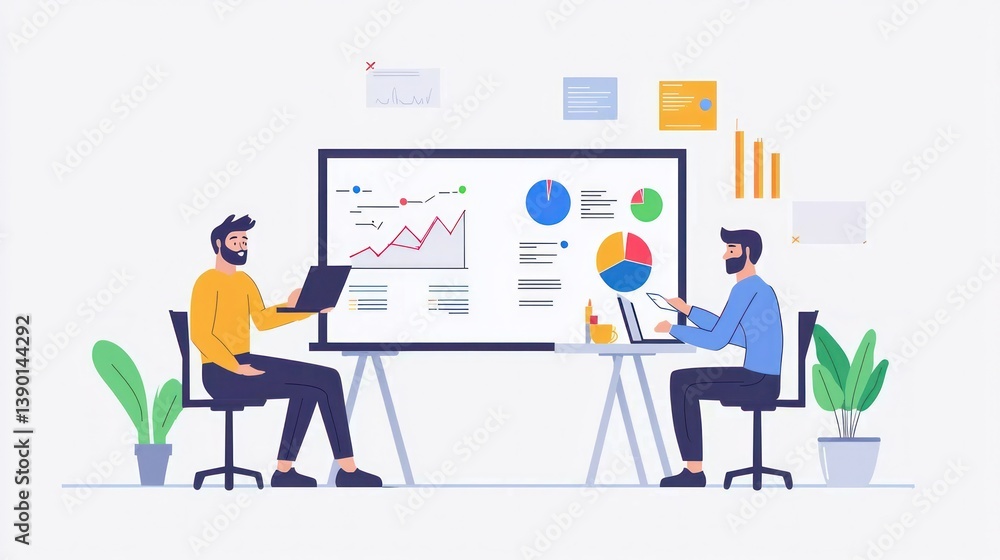 Fototapeta premium business presentation by handsome man, team analyzing charts on whiteboard