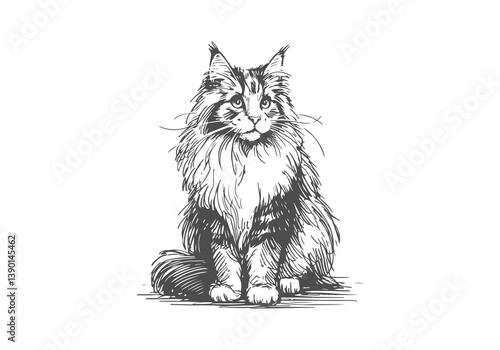 Maine Coon Cat Hand Drawn Illustration Sketch Vector Isolated Graphic Resource