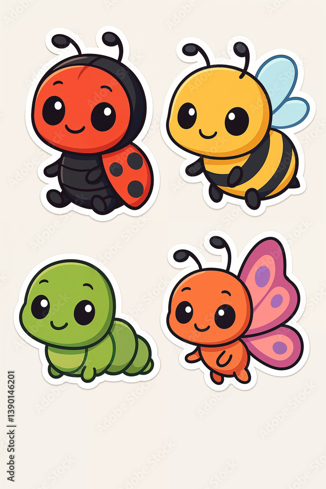 Obraz premium Adorable cartoon illustration featuring four colorful insect characters: ladybug, bee, caterpillar and butterfly, all smiling and friendly, ideal for children’s designs, learning and creative projects