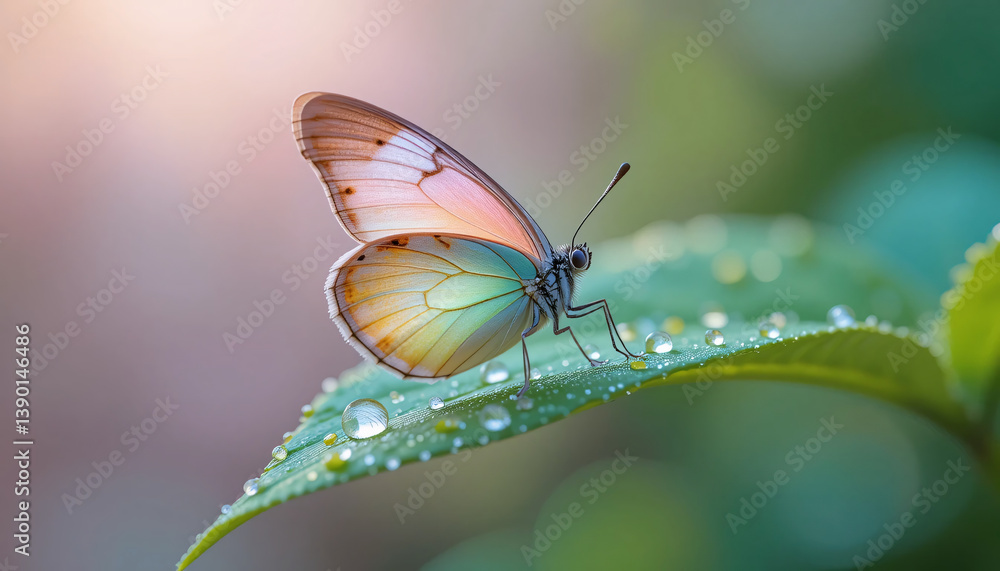 Colorful Butterfly On Dewy Leaf Colorful Butterfly On Dewy Leaf