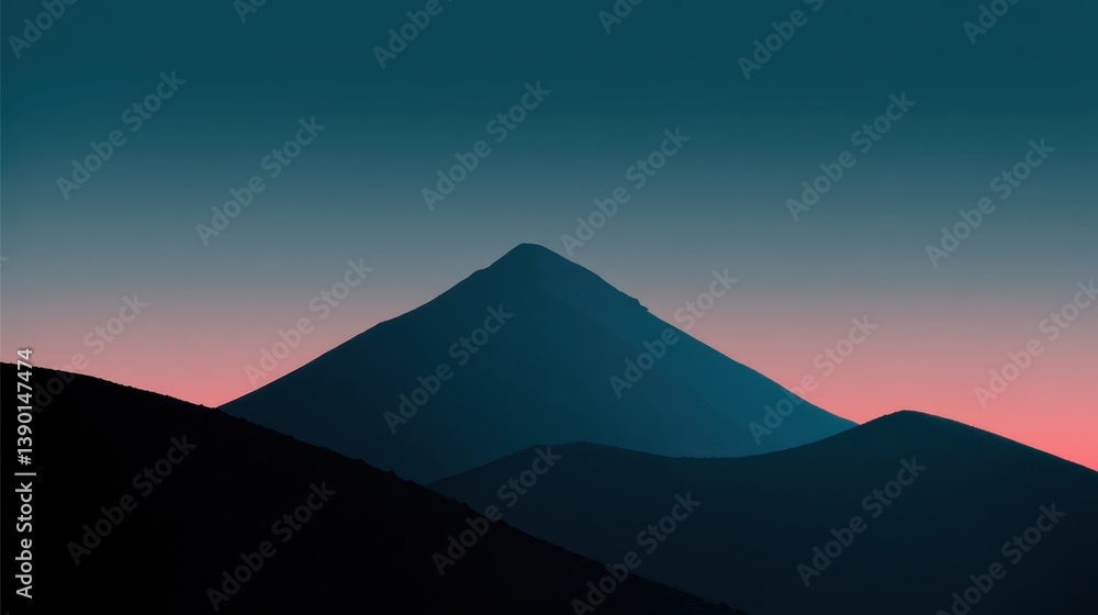 A breathtaking view of a prominent mountain rises against a darkening sky, showcasing a stunning gradient of soft colors as night approaches, creating a tranquil atmosphere A breathtaking view of a prominent mountain rises against a darkening sky, showcasing a stunning gradient of soft colors as night approaches, creating a tranquil atmosphere