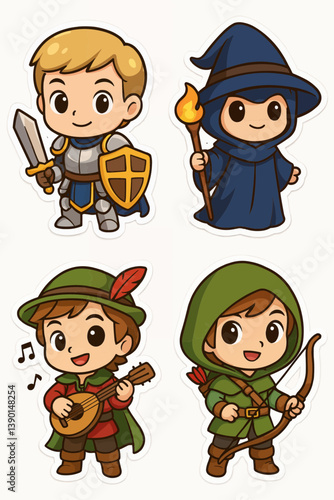 Adorable cartoon illustration featuring four fantasy characters: knight, wizard, bard and archer, all smiling and colorful, perfect for children’s designs, stories and creative projects