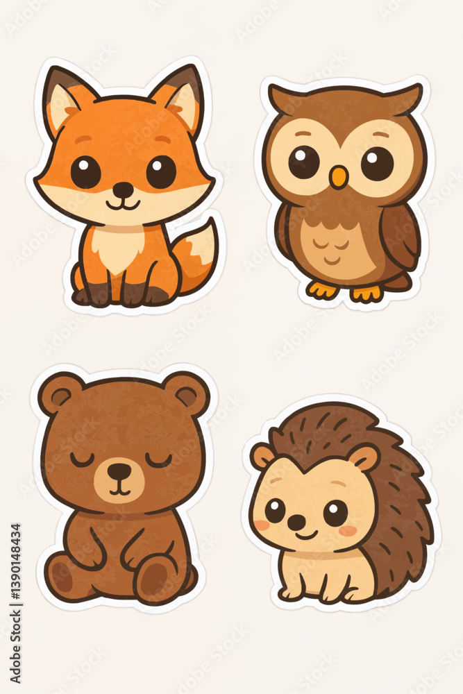 Adorable cartoon illustration featuring four forest animals: fox, owl, bear and hedgehog, all smiling or calm, ideal for children’s designs, storytelling and creative projects Adorable cartoon illustration featuring four forest animals: fox, owl, bear and hedgehog, all smiling or calm, ideal for children’s designs, storytelling and creative projects