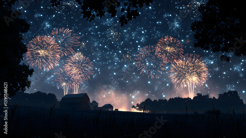Fireworks illuminate a rural landscape on a starry night. Silhouetted barns and a field in the foreground add to the tranquil yet festive scene, evoking a sense of celebration.