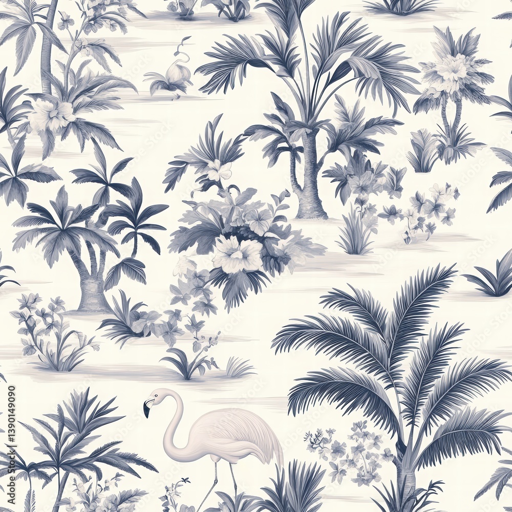 Fototapeta premium Tropical Garden Wallpaper Pattern with Exotic Plants and Birds