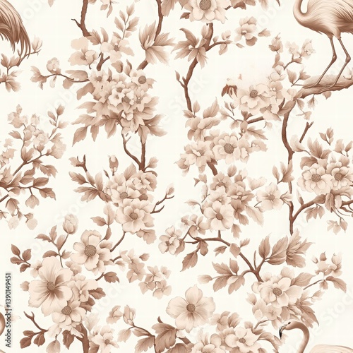 Elegant Floral and Bird Pattern in Soft Beige and Cream Tones