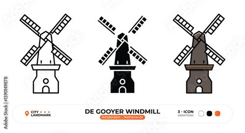 De Gooyer Windmill Line Icon. Amstedam, Netherlands, Landmark, Silhouette, Color Vector, Editable Stroke.