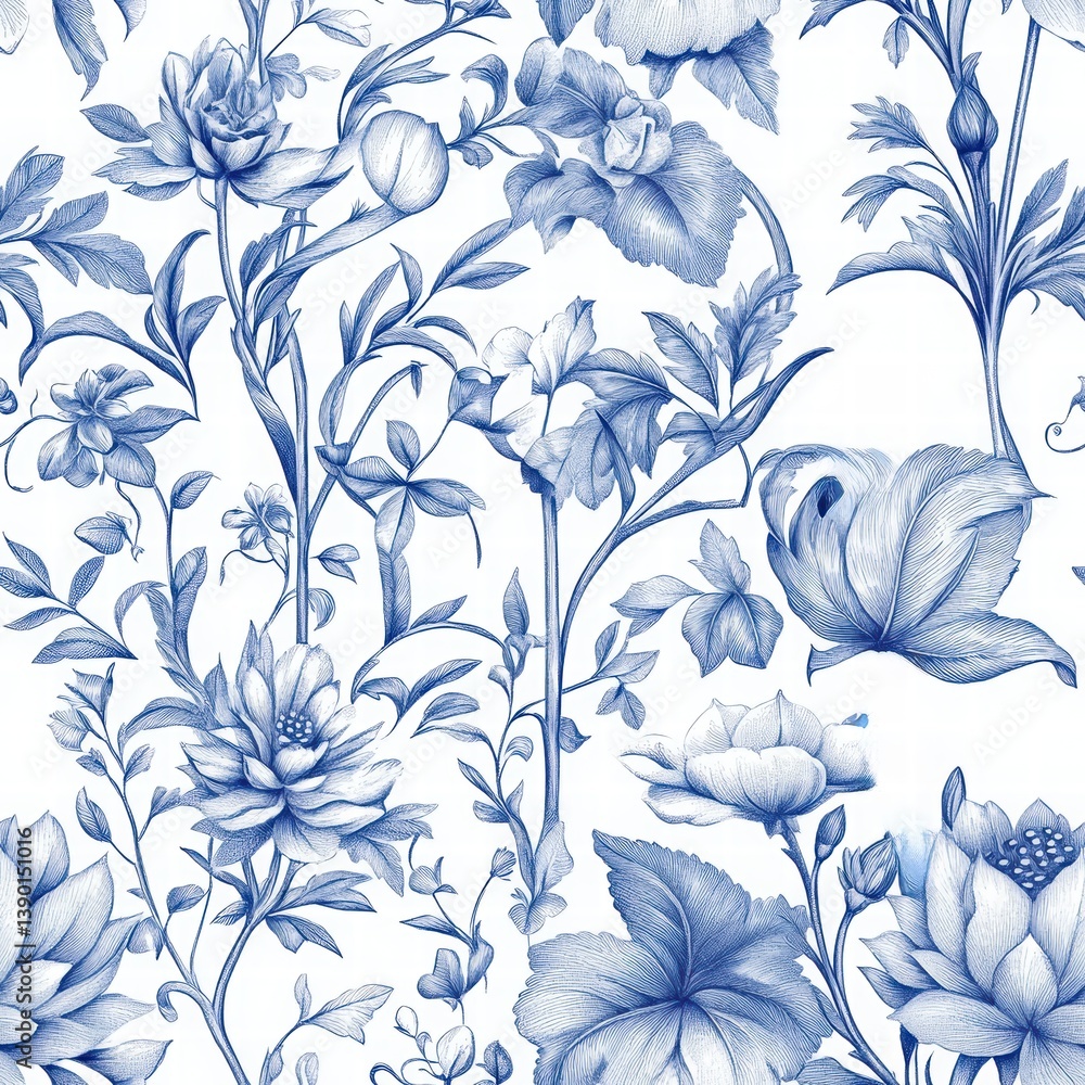 Elegant Blue Floral Pattern with Intricate Botanical Designs