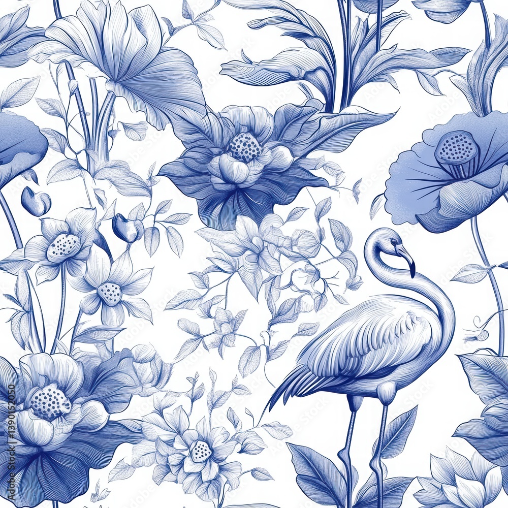Elegant Blue Floral Pattern with Stylized Birds and Foliage Design