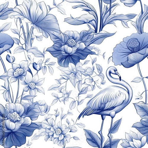 Elegant Blue Floral Pattern with Stylized Birds and Foliage Design