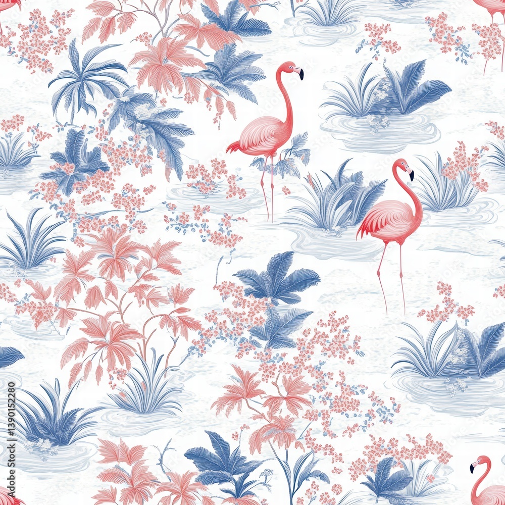 Elegant Floral Pattern with Flamingos in Soft Pastel Tones