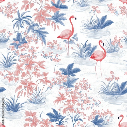 Obraz na płótnie Elegant Floral Pattern with Flamingos in Soft Pastel Tones w salonie