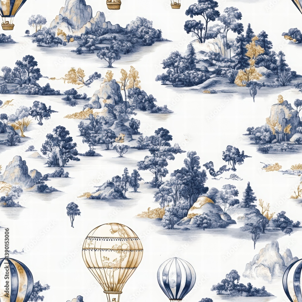 Serene Landscape Design with Hot Air Balloons and Scenic Trees