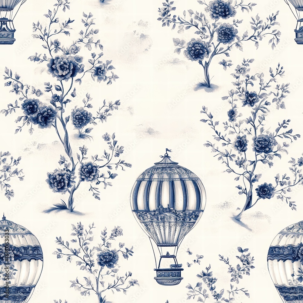 Vintage Floral Pattern with Hot Air Balloons on Light Background