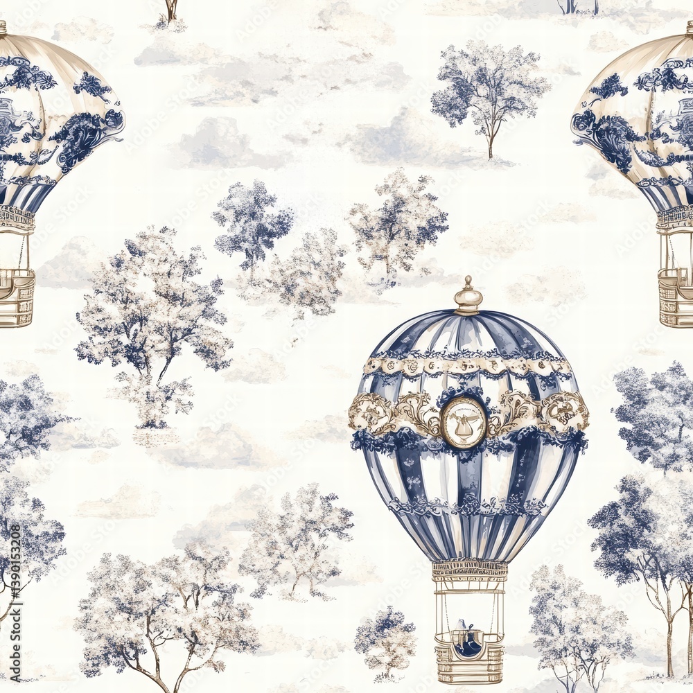 Vintage wallpaper design featuring hot air balloons and trees