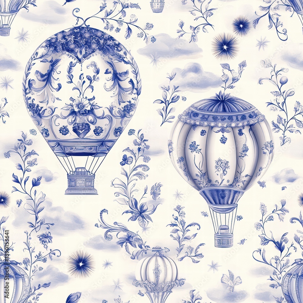 Elegant Blue and White Hot Air Balloons with Floral Patterns